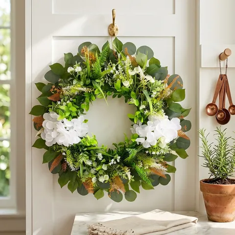 White Artificial Hydrangea Eucalyptus Wreath Plastic Greenery Garland For Front Door Wall Decor Home Garden Party Decoration