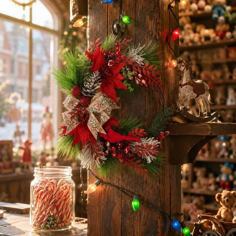 Christmas Pine Branch Red Berries Cardinal Wreath Wall Hanging Artificial Pine Needle Pinecone Bow Decoration For Xmas Party Home Door Decor