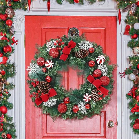 Ghirlanda Natalizia Artificiale 45cm Con Pigne E Fiocchi Di Neve Fiocco Rosso Per Decorazione Porta E Parete Casa
