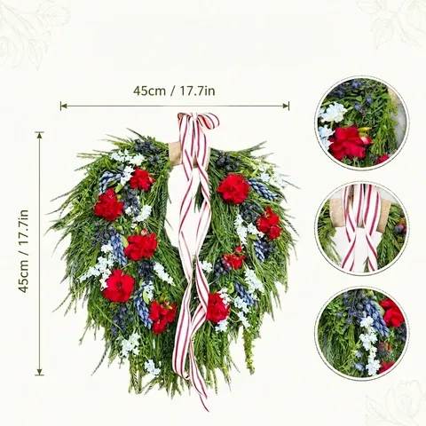 American Style Red Hydrangea Blueberry Front Door Wreath Patriotic Red White Striped Ribbon Simulation Floral Wall Decoration Home