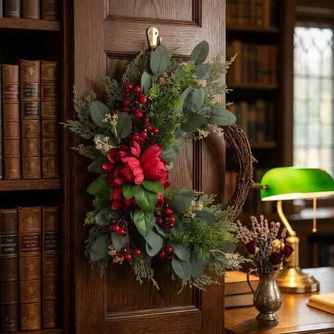 Vintage Christmas Wreath With Red Berries Large Silk Flower Eucalyptus Pine Needles On Natural Rattan For Front Door Decor