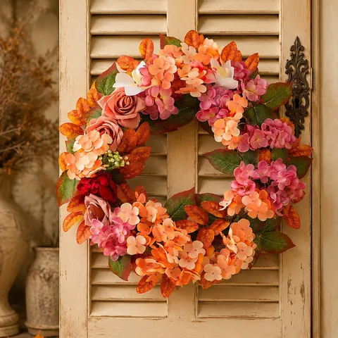 Autumn Hydrangea Rose Wreath Artificial Fall Flower Hanging Decoration Vintage Rural Style For Front Door Wall Home Decor
