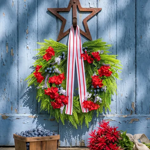 American Style Red Hydrangea Blueberry Front Door Wreath Patriotic Red White Striped Ribbon Simulation Floral Wall Decoration Home