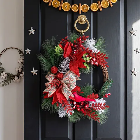 Christmas Pine Branch Red Berries Cardinal Wreath Wall Hanging Artificial Pine Needle Pinecone Bow Decoration For Xmas Party Home Door Decor