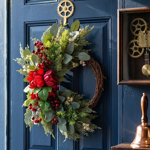 Vintage Christmas Wreath With Red Berries Large Silk Flower Eucalyptus Pine Needles On Natural Rattan For Front Door Decor