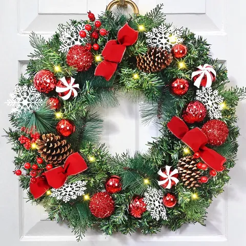 Ghirlanda Natalizia Artificiale 45cm Con Pigne E Fiocchi Di Neve Fiocco Rosso Per Decorazione Porta E Parete Casa