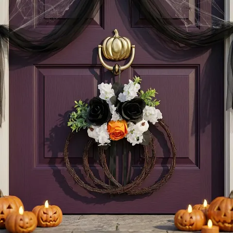 Halloween Pumpkin Floral Wreath Artificial Black Orange Rose Hanging Decoration For Front Door Courtyard Home Party Decor