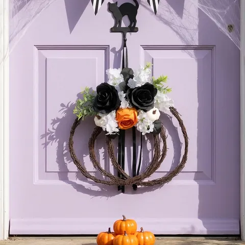 Halloween Pumpkin Floral Wreath Artificial Black Orange Rose Hanging Decoration For Front Door Courtyard Home Party Decor