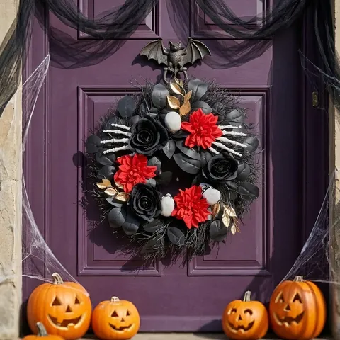 Gothic Halloween Wreath With White Skull Hands Black Red Roses Bat For Door Wall Decoration Festival Party Home Ornament