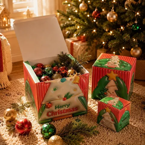 Christmas Stackable Decorative Gift Boxes 3D Relief Square Box Set Holiday Party Favors Santa Snowman Reindeer Tree Ornament