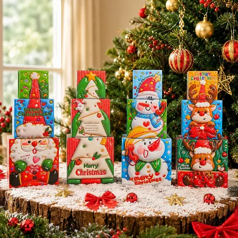 Christmas Stackable Decorative Gift Boxes 3D Relief Square Box Set Holiday Party Favors Santa Snowman Reindeer Tree Ornament