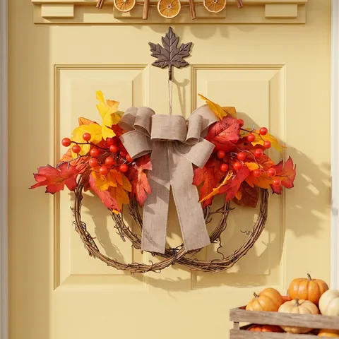 Autumn Maple Leaf Red Berry Rattan Wreath Thanksgiving Decoration Front Door Hanging Ornament Fall Harvest Floral Wreath