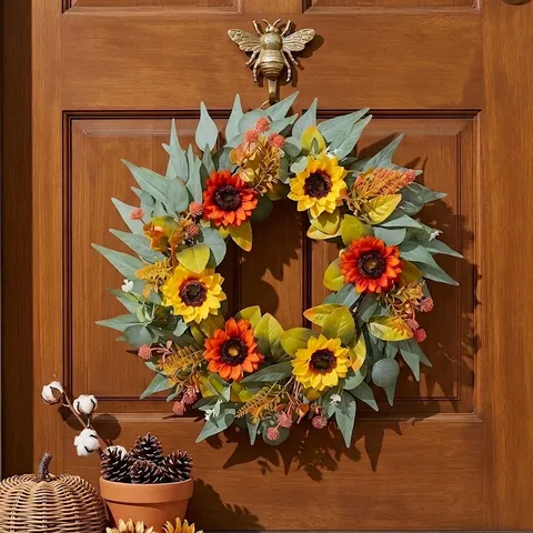 Artificial Sunflower Autumn Wreath With Maple Leaves And Berries Harvest Thanksgiving Home Front Door Wall Decoration