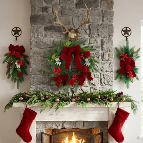 Christmas Wine Red Flocked Red Berry Wreath Teardrop Swag Wall Hanging Reindeer Bow Artificial Pine Needle Ornament Home Decor
