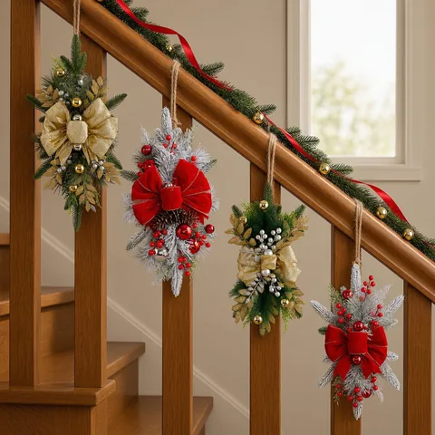 Artificial Christmas Teardrop Swag Wreath Pine Needles With Red Gold Bow LED Warm Lights Holiday Door Wall Hanging Staircase Ornament For Home Decor