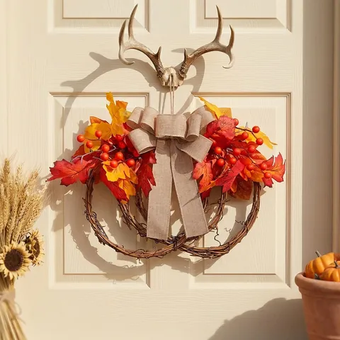 Autumn Maple Leaf Red Berry Rattan Wreath Thanksgiving Decoration Front Door Hanging Ornament Fall Harvest Floral Wreath
