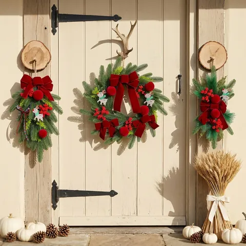 Christmas Wine Red Flocked Red Berry Wreath Teardrop Swag Wall Hanging Reindeer Bow Artificial Pine Needle Ornament Home Decor