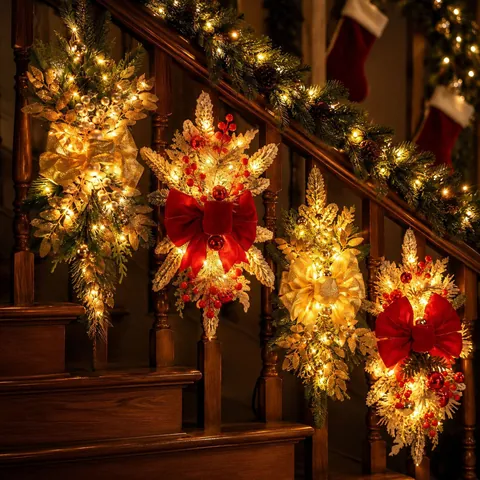 Artificial Christmas Teardrop Swag Wreath Pine Needles With Red Gold Bow LED Warm Lights Holiday Door Wall Hanging Staircase Ornament For Home Decor
