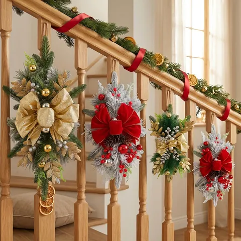 Nordic Christmas Staircase Teardrop Swag Wreath With Large Velvet Bowknot Artificial Pine Needles Red Berries Ornaments For Home Holiday Door Wall Hanging Decoration
