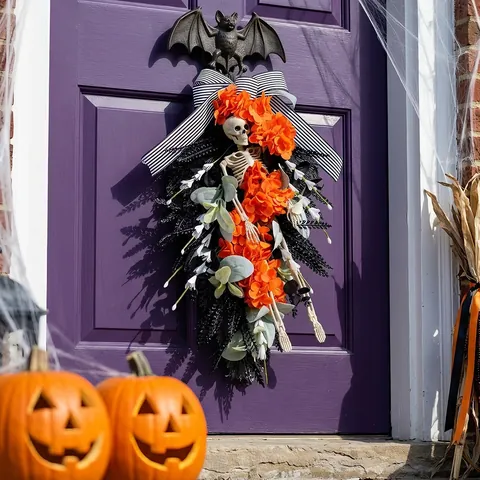 Halloween Skeleton Wreath Orange Flower Hanging Swag Decor With Striped Bow Gothic Skeleton Wreath For Front Door Outdoor Party Decor