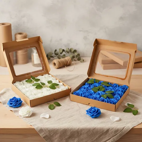 Künstliche PE-Schaum Rosen Blumenbox Set Hochzeit Haus Party Dekoration Simulation Rosen Mit Blättern Kraft Geschenkbox