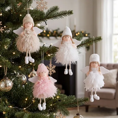 Handmade Christmas Angel Feather Hanging Ornament Plush Wings Doll For Christmas Tree Decoration Cute Festive Home Decor Gift