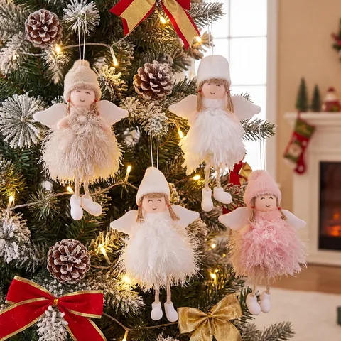 Handmade Christmas Angel Feather Hanging Ornament Plush Wings Doll For Christmas Tree Decoration Cute Festive Home Decor Gift