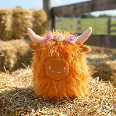 Mucca delle Highland Peluche Arancione a Pelo Lungo Animale di Peluche Con Corona di Fiori Decorazione Stanza Carina Regalo per Bambini Adulti