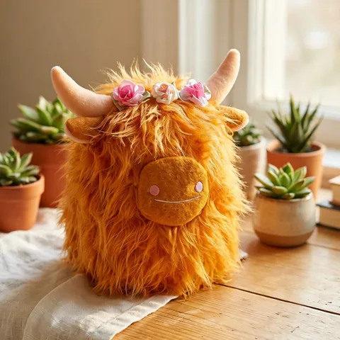 Mucca delle Highland Peluche Arancione a Pelo Lungo Animale di Peluche Con Corona di Fiori Decorazione Stanza Carina Regalo per Bambini Adulti