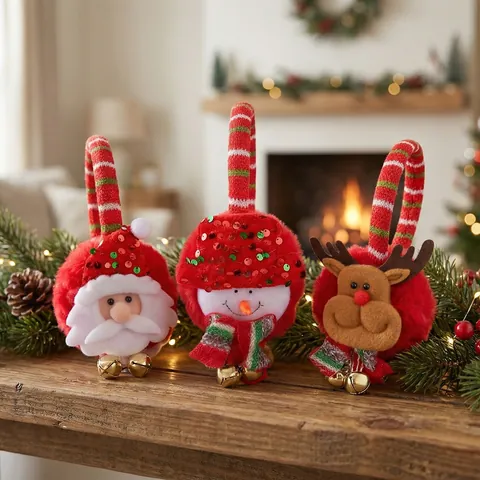 Christmas Cartoon Plush Earmuffs With Bells Sequins Reindeer Snowman Santa Claus For Kids Adults Winter Party Warmth Decoration
