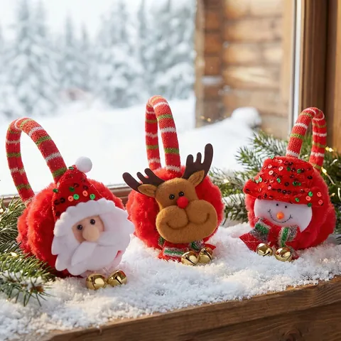 Christmas Cartoon Plush Earmuffs With Bells Sequins Reindeer Snowman Santa Claus For Kids Adults Winter Party Warmth Decoration