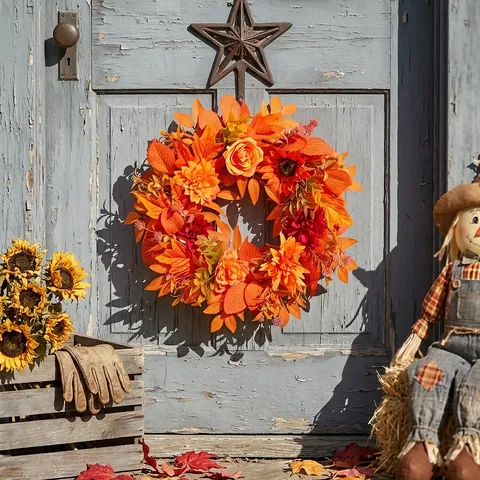 Thanksgiving Wreath Orange Red Maple Leaf Autumn Harvest Door Hanging Decoration Artificial Sunflower Rose Flower Wreath