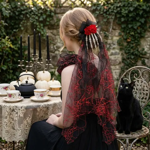Gothic Halloween Hair Clip Skeleton Hand Red Rose Bow Long Black Mesh Veil Spider Web Pattern Party Costume Accessories For Women