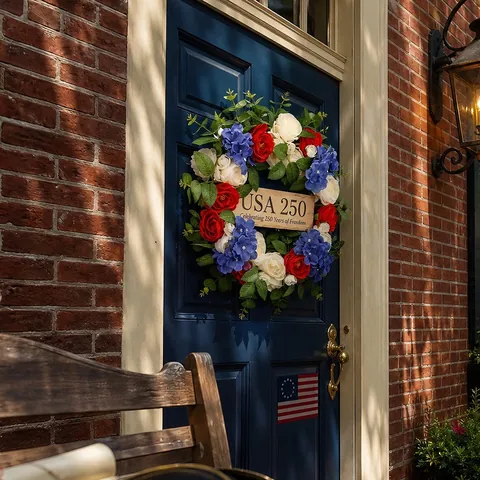 USA Independence Day 250th Anniversary Wreath Red White Blue Floral Front Door Wreath Patriotic Home Porch Hanging Decor