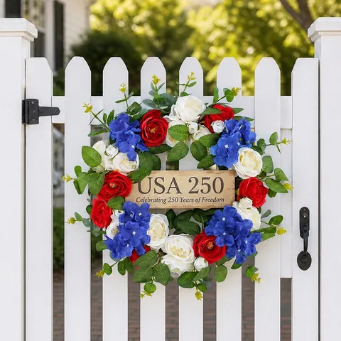 USA Independence Day 250th Anniversary Wreath Red White Blue Floral Front Door Wreath Patriotic Home Porch Hanging Decor