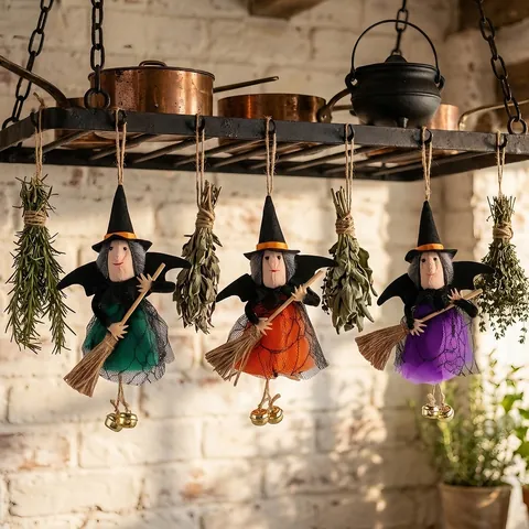 Halloween Witch Hanging Decoration With Broom And Bells Fabric Gauze Witch Doll For Haunted House Party Home Wall Decor