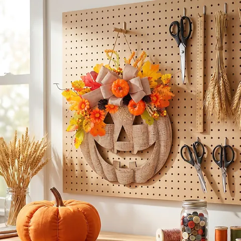 Rustic Wood Pumpkin Door Sign With Autumn Maple Leaves Berries Flowers Bow Halloween Harvest Decoration Lighted Hanging Ornament