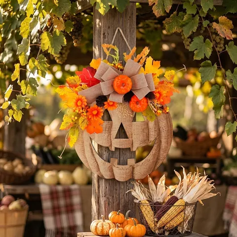 Rustic Wood Pumpkin Door Sign With Autumn Maple Leaves Berries Flowers Bow Halloween Harvest Decoration Lighted Hanging Ornament