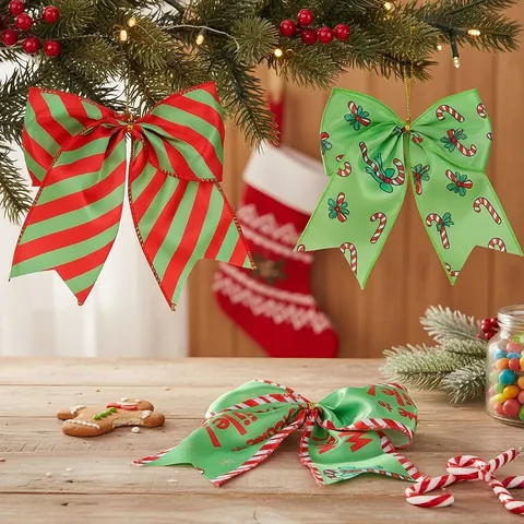 Christmas Ribbon Bows Red Green Striped Polka Dot Ornaments For Xmas Tree Hanging Decoration Gift Wrap Party Supplies