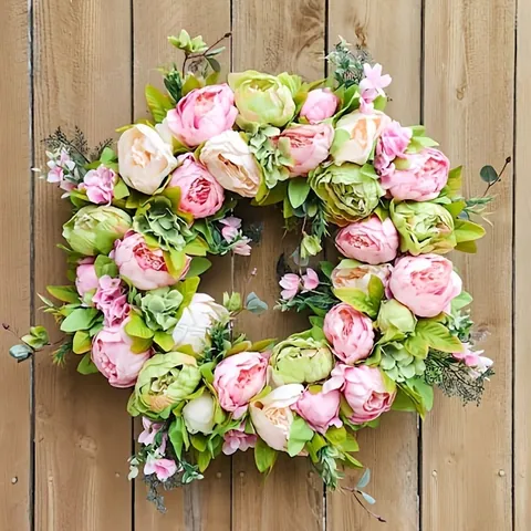 Kunstmatige Pioenroos Krans Lente Bloem Guirlande Voor Voordeur Bruiloft Hotel Feest Decor Roze Groen Wit Muur Opknoping Florale Huisdecoratie