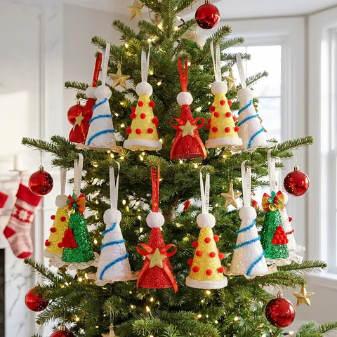 Kerst Pailletten Kegel Hoed Hangende Ornamenten Handgemaakt Paillettenstof Pompon Mini Boom Hoeden Vakantie Huis Feest Decoratie