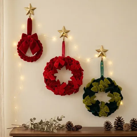 Handgemachter Plastik Samt Weihnachtskranz Mit Schleifen Künstlich Rot Grün Beflockung Türbehang Girlande Für Xmas Fest Home Wanddeko