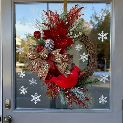 Decoración de Navidad Media Corona Cardenal Rojo Flor de Pascua Piña Corona de Ratán para Puerta Colgante de Pared Adorno Festivo