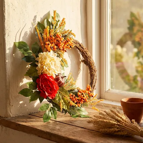 Harvest Festival Wreath Artificial Pumpkin Hydrangea Autumn Thanksgiving Front Door Hanging Decoration For Fall Home Decor