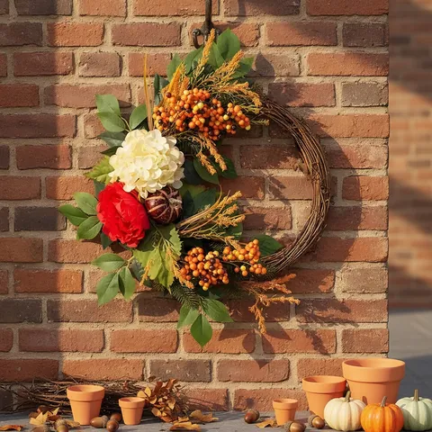 Harvest Festival Wreath Artificial Pumpkin Hydrangea Autumn Thanksgiving Front Door Hanging Decoration For Fall Home Decor