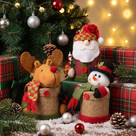 Handmade Christmas Linen Candy Jar Santa Reindeer Snowman Gift Box Portable Apple Bag For Holiday Party Decoration Kids Gift