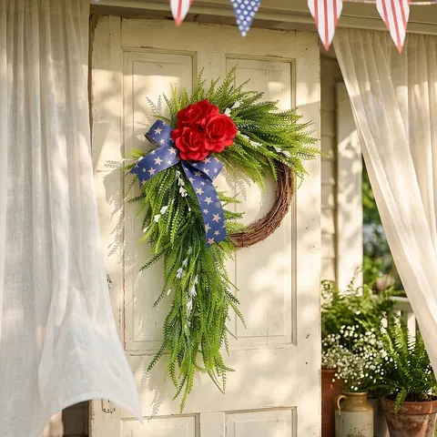 American Independence Day Wreath Red White Blue Rose Hydrangea Decor With Rattan Base Patriotic Fourth Of July Door Hanging Ornament