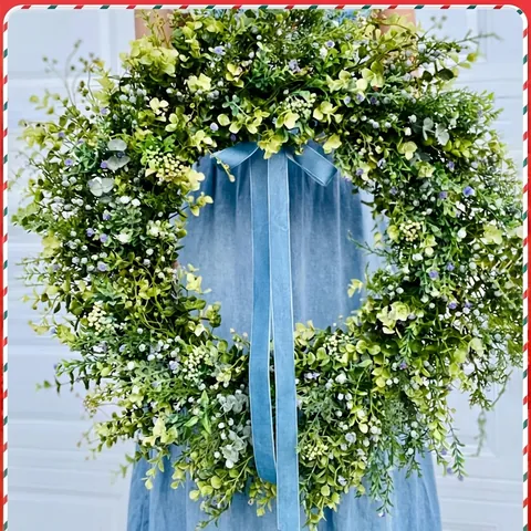 Forest Style Fresh Green Leaf Wreath With Blue Velvet Ribbon Plastic Foam Artificial Floral For Easter Home Courtyard Decor