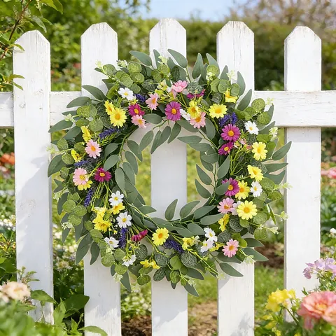 Ghirlanda Primaverile Artificiale di Fiori Selvatici Porta Daisy Eucalyptus Ghirlanda Floreale Multicolore Pasqua Casa Parete