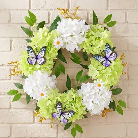 Spring Artificial Hydrangea Butterfly Wreath Front Door Decoration Green White Floral Garland For Easter Home Wall Hanging Decor